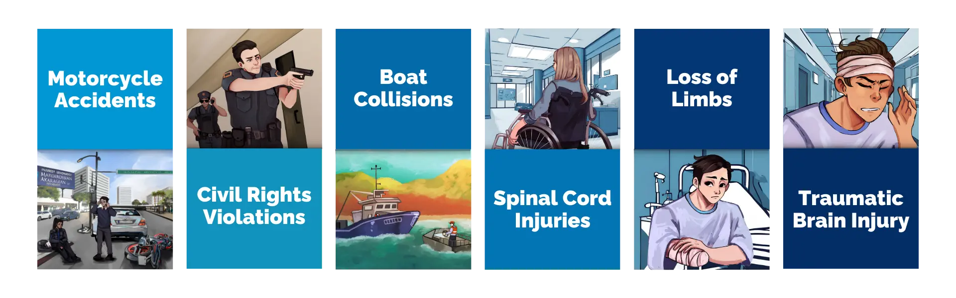 A banner depicting illustrations of various types of Catastrophic Injuries. These are: 'Motorcycle Accidents,' 'Civil Rights Violations,' 'Boat Collisions,' 'Spinal Cord Injuries,' 'Loss of Limbs,' and 'Traumatic Brain Injuries'