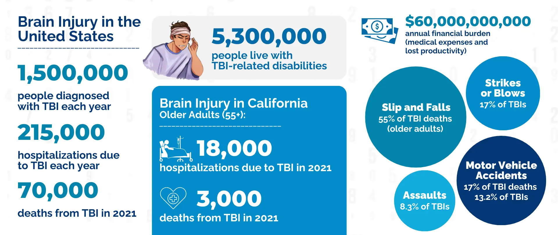 Traumatic brain injury statistics in the US and California: annual cases, hospitalizations, deaths, and financial burden, with causes including slips and falls, strikes or blows, motor vehicle accidents, and assaults.